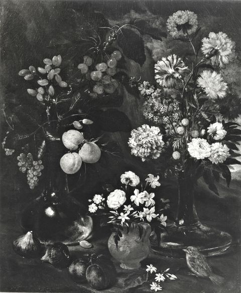 Anonimo — Recco Giuseppe (Pisquillo) - sec. XVII - Natura morta con vasi di fiori, frutta e uccello — insieme